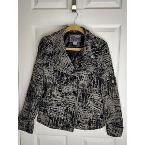 BKE Wool Blend Pea Coat Women's Medium Button Black White Beaded Chains